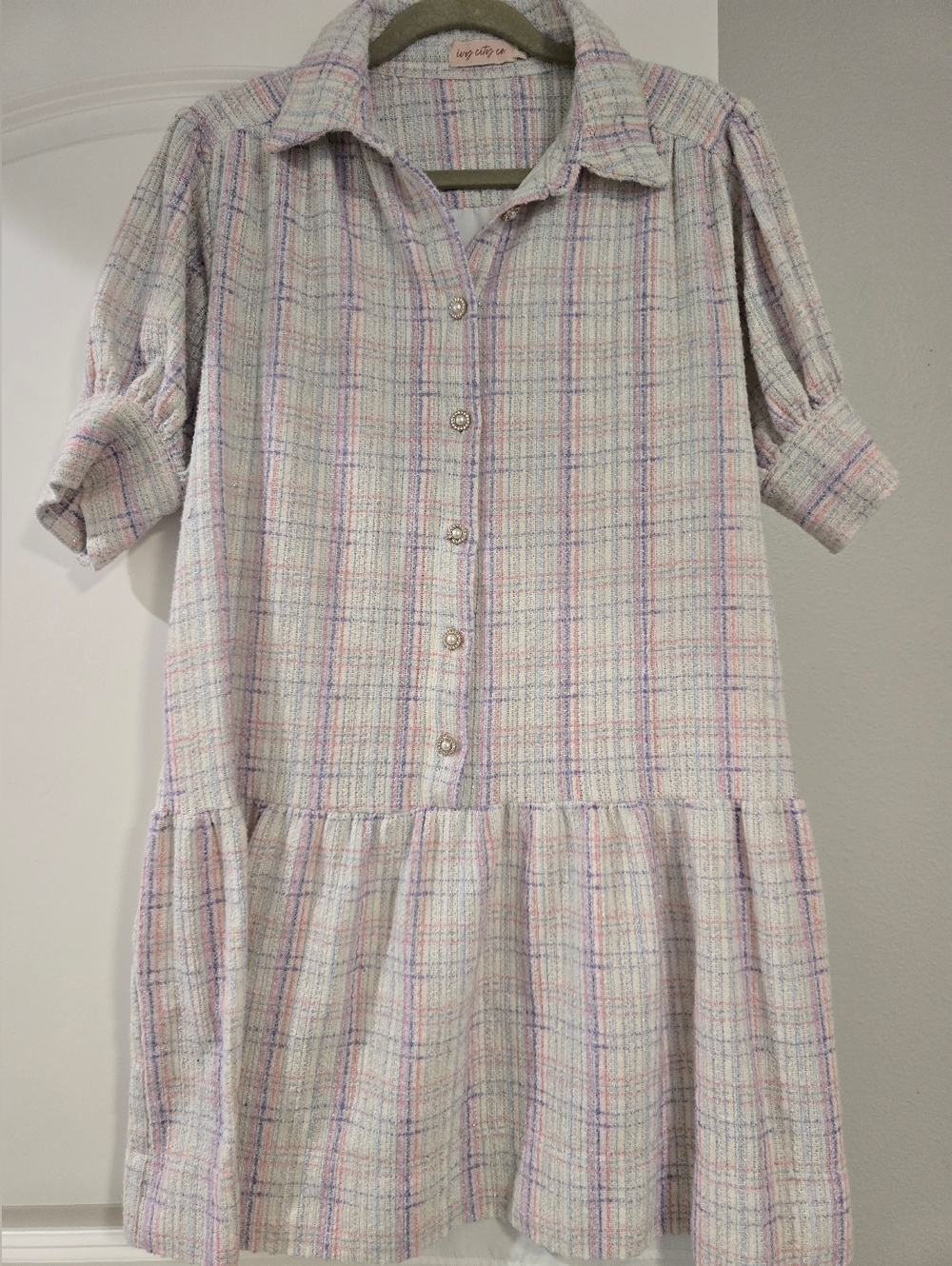 Ivy City Light Plaid Button-Front Ruffle Hem Dress